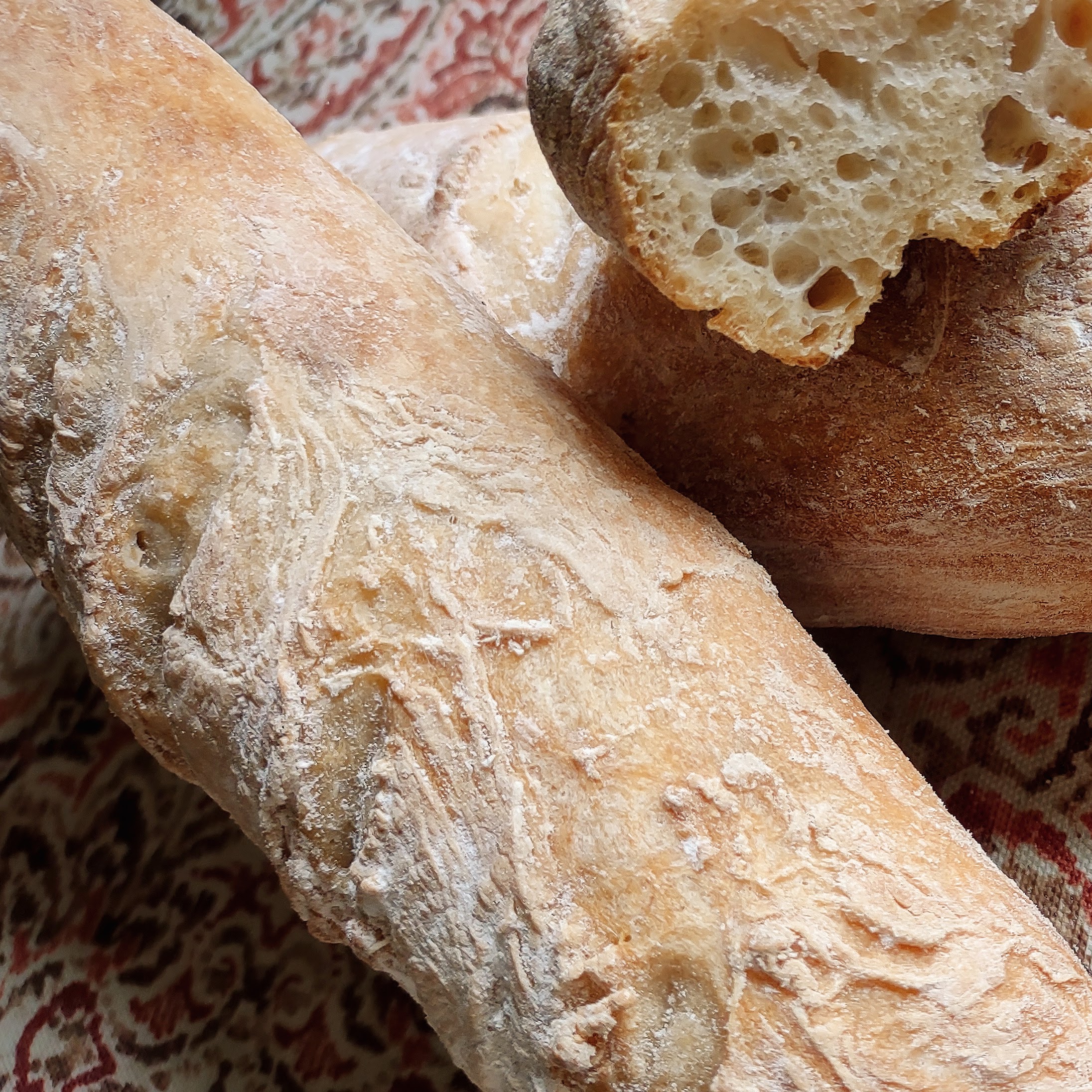 Two golden brown crusty baguettes.